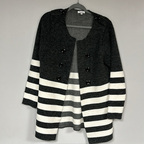 Baciano Charcoal Grey and white Color Block / Striped Knit Long Cardigan, XL - Picture 1 of 9